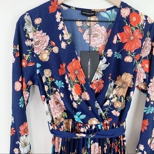 navy floral long sleeve pleated midi dress